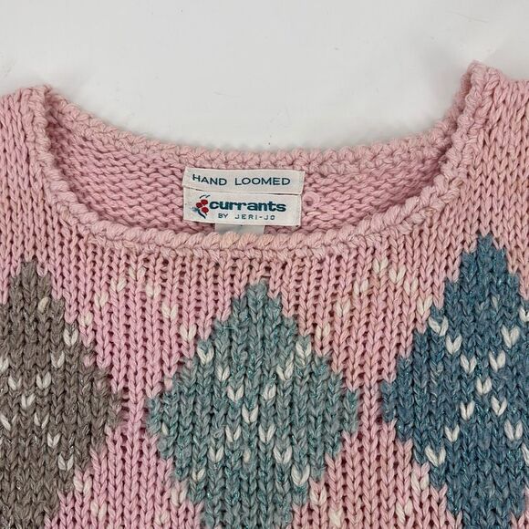 80’s Vintage hand-knit pastel pink argyle sweater-vest ramie metallic Large - Picture 2 of 12